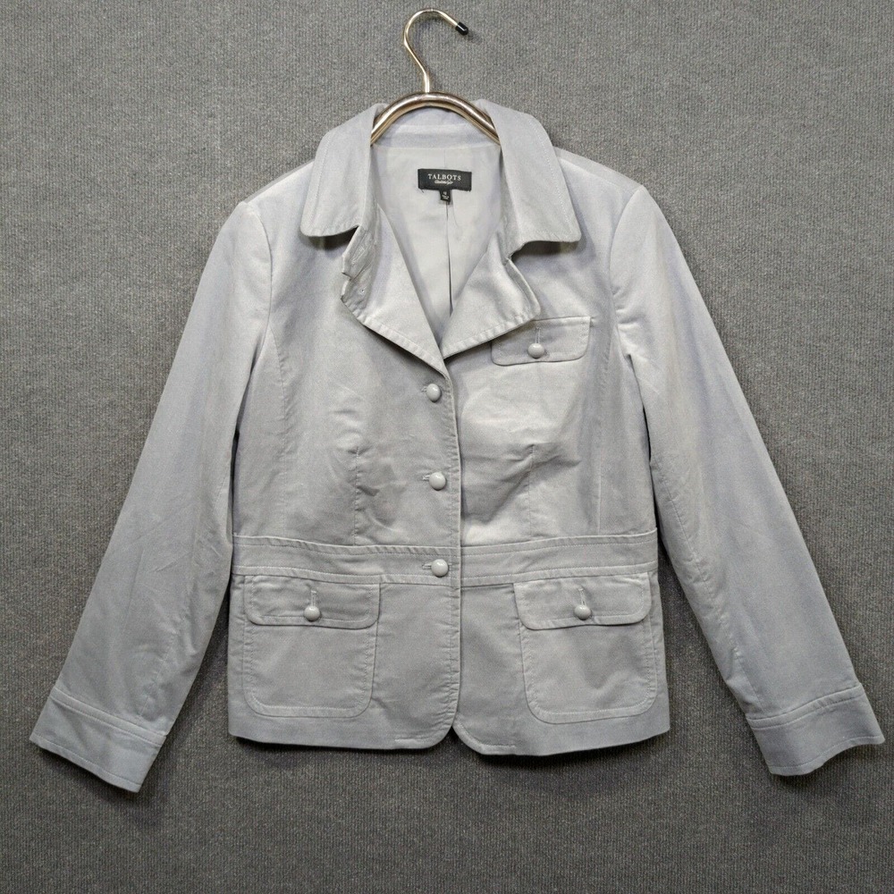 Talbots Blazer Womens 12 Light Gray Velvet Lined Peplum Back 3 Button Career